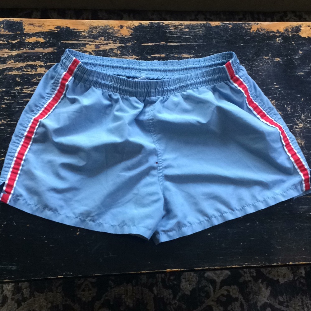 TACO running shorts light blue and red 2” inseam